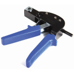 Handheld rivet gun with blue handles and a black metal head, designed for fastening rivets.