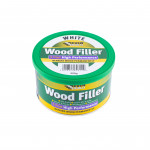 A round green and yellow tin labeled Wood Filler with white lid, containing 500g of white 2-part high performance wood filler by Everbuild, for permanent wood repairs.