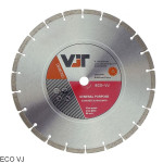 A circular diamond blade with segmented edges for cutting, labeled VJT Diamond, intended for general purpose use on concrete and masonry. The blade is silver with a red and grey center label displaying technical details.