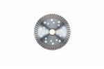 A circular metal saw blade with a serrated edge and multiple evenly spaced holes, shown from above on a white background.