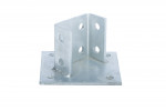 A galvanized metal L-bracket with multiple circular holes, attached to a flat square base, designed for structural support or mounting applications. The background is plain white.