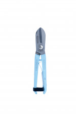 A pair of metal pruning shears with light blue handles and a black safety latch, isolated on a white background.