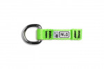 A bright green fabric keychain with a metal D-ring on one end and a rectangular label reading NLG attached to the strap.,