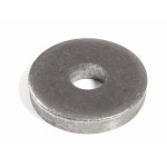 A close-up of a single metal flat washer with a circular hole in the center, placed on a white background.
