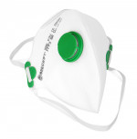 A white and green face mask.,