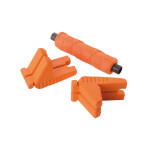 Three orange plastic clips with ridged surfaces and an orange nylon cord wrapped around a black spool, all on a white background.