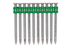 Ten steel nails are aligned vertically in a row, held together near the tops by two green plastic strips. The nails have flat heads and pointed tips, and the image is shown on a plain white background.