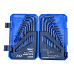 Open blue plastic case displaying a 30-piece Draper metric/imperial hexagon key (Allen wrench) set, with keys of various sizes neatly organized in labeled slots.