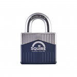 A metal padlock with a silver shackle and a dark blue body, featuring the Squire brand logo and the words Squire - Lockmakers Since 1780 on the front.