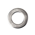 A close-up image of a single metal flat washer with a circular shape and a large central hole, isolated on a white background.