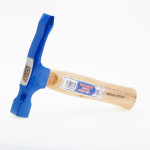 A hammer with a steel head and a wooden handle, for general fastening and construction use.