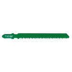 A green jigsaw blade labeled T101BF featuring a row of sharp teeth along one edge, designed for cutting materials.