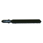A black jigsaw blade labeled T130RIFF, featuring a straight design with a rough, gritty cutting edge.