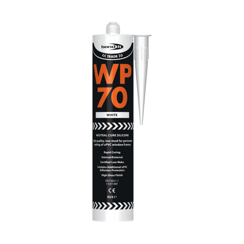 A tube of Bond It WP70 white neutral cure silicone sealant with an applicator nozzle, featuring bold orange and white text on a black label.