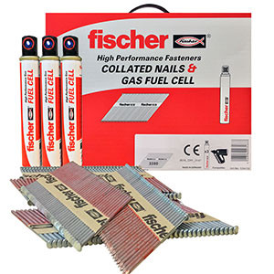 A box labeled fischer High Performance Fasteners COLLATED NAILS & GAS FUEL CELL alongside three gas fuel cells and stacks of collated nails, displayed on a white background.
