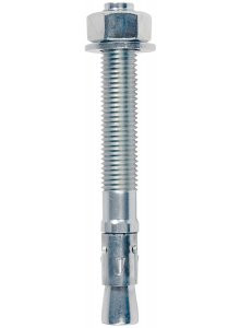 A metal anchor bolt with a threaded shaft, hex nut, and washer, featuring an expansion sleeve near the bottom for securing into concrete or masonry surfaces.