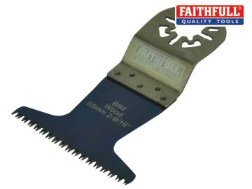 Oscillating multitool blade with serrated edge, labeled Faithfull Quality Tools and BIM WP600 65mm 2-9/16. The blade is dark metal with a silver mounting end.