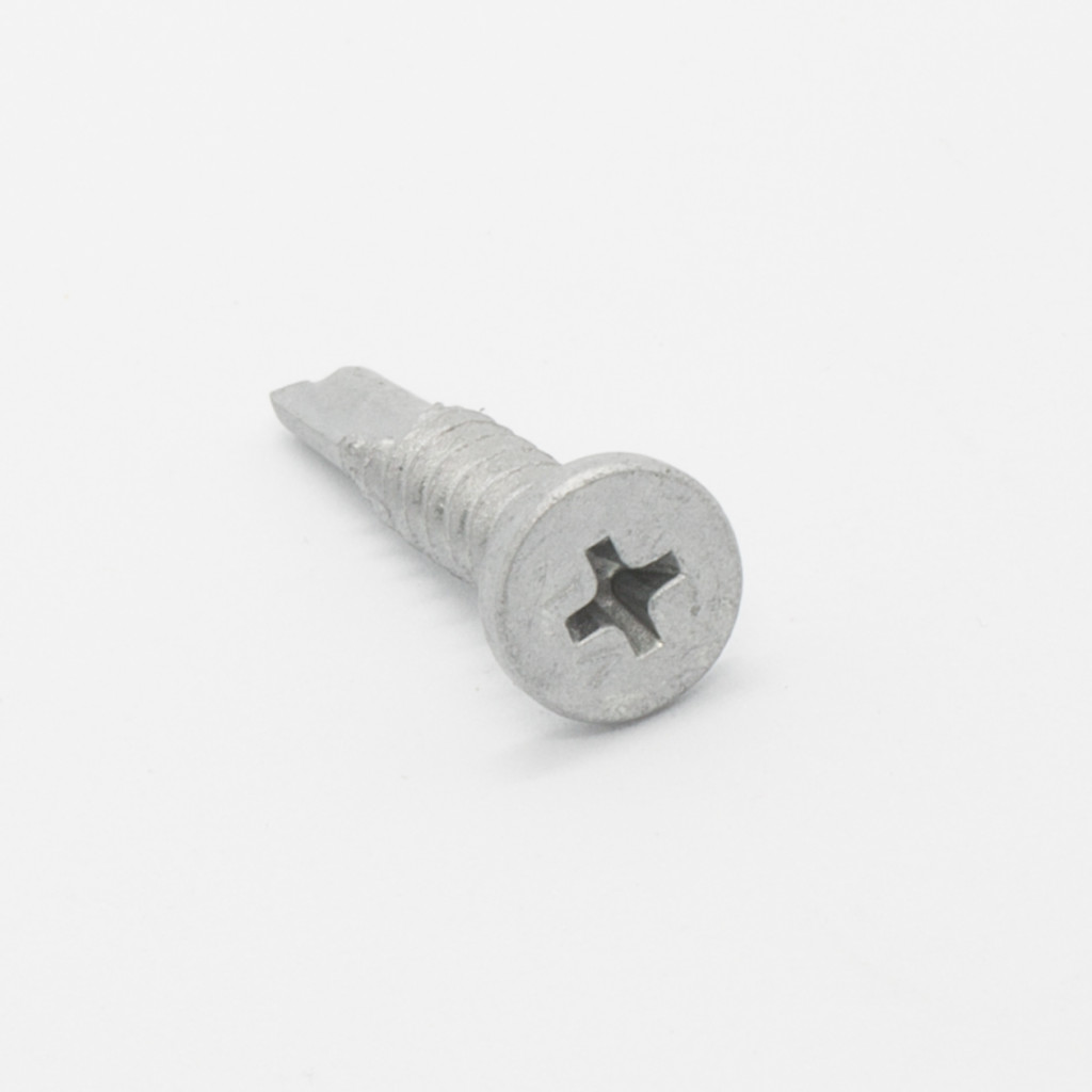 A single silver Phillips head screw with a flat top and a pointed, self-tapping tip, placed on a plain white background.