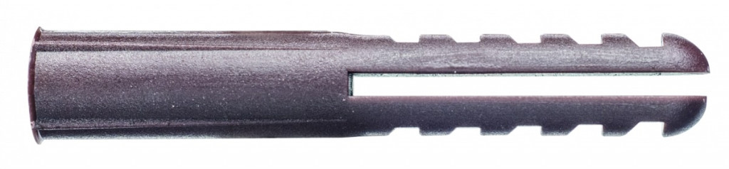 A close-up of a gray plastic wall plug, used for anchoring screws in masonry or drywall, with ribbed sides and a split end.