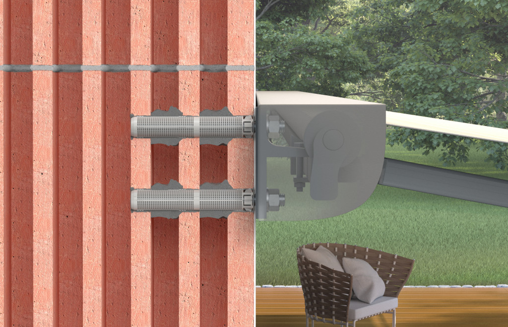 A split image shows metal brackets mounted on a red corrugated roof (left) and a close-up of a canopy structure attached above outdoor furniture beside a grassy yard (right).,