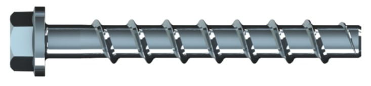 A shiny metal hex head screw with a wide, deep spiral thread along its shaft, commonly used for fastening materials. The background is white.