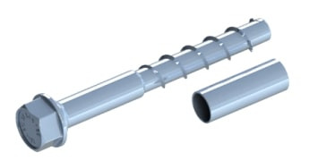 A metallic anchor bolt with a hexagonal head and a separate cylindrical sleeve, both shown against a white background.