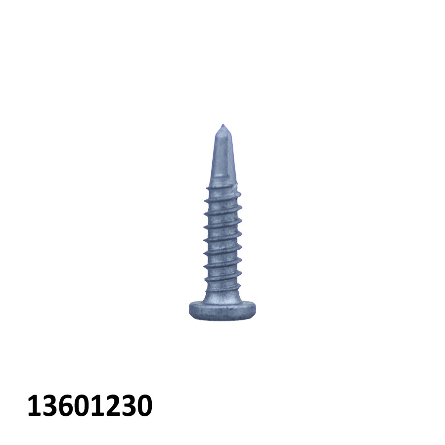 A single metallic screw with a round flat head and sharp pointed tip is centered on a white background. The number 13601230 appears in bold black text in the bottom left corner.,