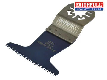 A Faithfull brand oscillating saw blade with sharp, wide teeth and a metal attachment end. The Faithfull logo and blade specifications are visible on the blade and in the top right corner.