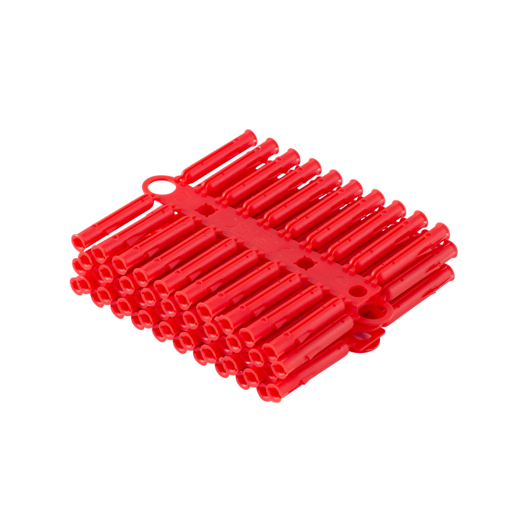 A set of red plastic hair rollers arranged in a neat, rectangular stack, connected by a flexible plastic strip, against a white background.