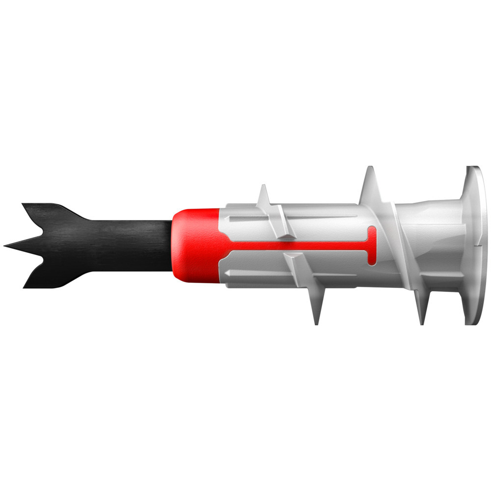 A plastic wall anchor with a black, pointed tip, a red middle section, and white body featuring fins and ridges for securing screws in drywall or masonry.