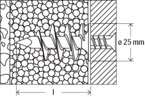 Technical drawing showing a screw inserted into a wall plug within a wall, with a diameter of 25 mm indicated. The wall structure includes different materials depicted by various patterns.