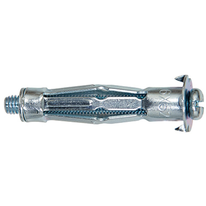 A metal hollow wall anchor with a flared end, threaded screw, and expanding metal body designed for securing objects to plasterboard or drywall.