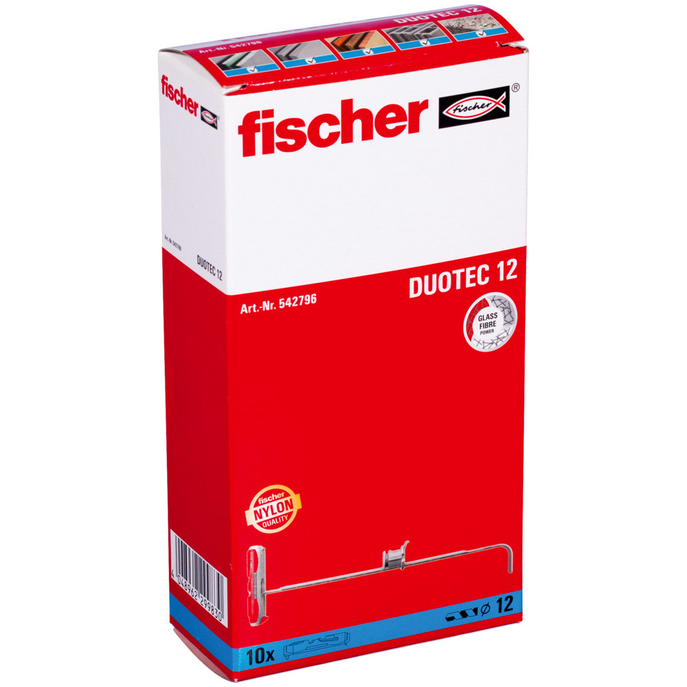 Red and white box of Fischer Duotec 12 nylon wall plugs, showing product branding, images of wall plugs, and label with specifications. The box contains 10 pieces, as indicated on the front.