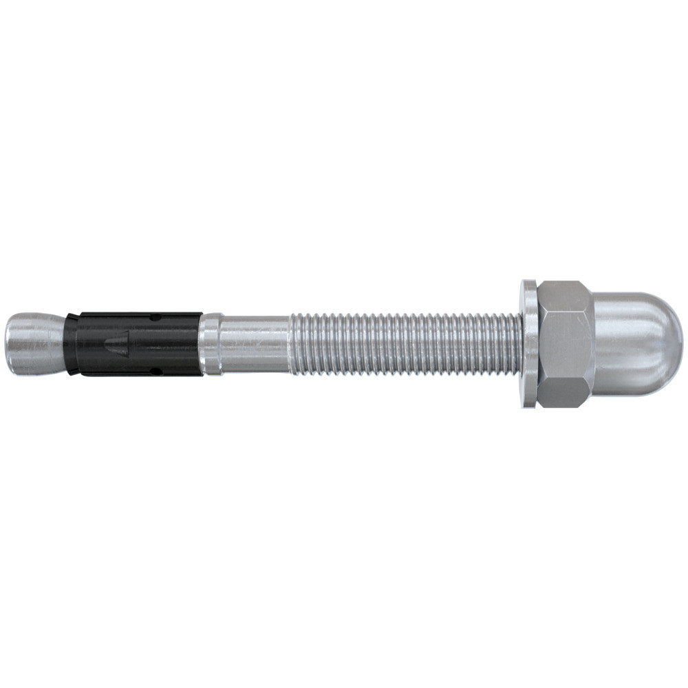 A metal anchor bolt with a threaded shaft, hex nut, dome cap, and an expansion sleeve near the end, used for securing objects to concrete or masonry surfaces.