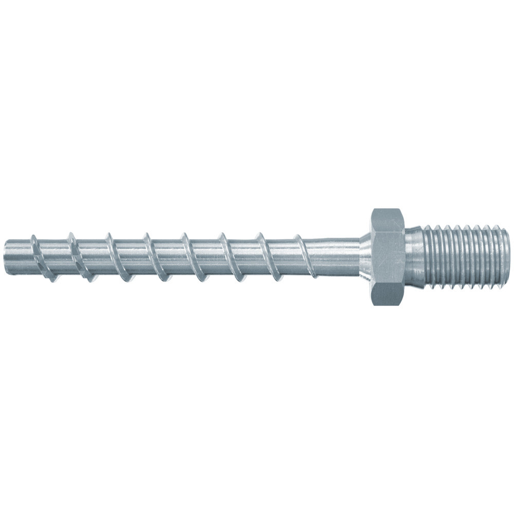 A metal anchor bolt with a helical thread along most of its length and a hexagonal nut section near one end, isolated on a white background.