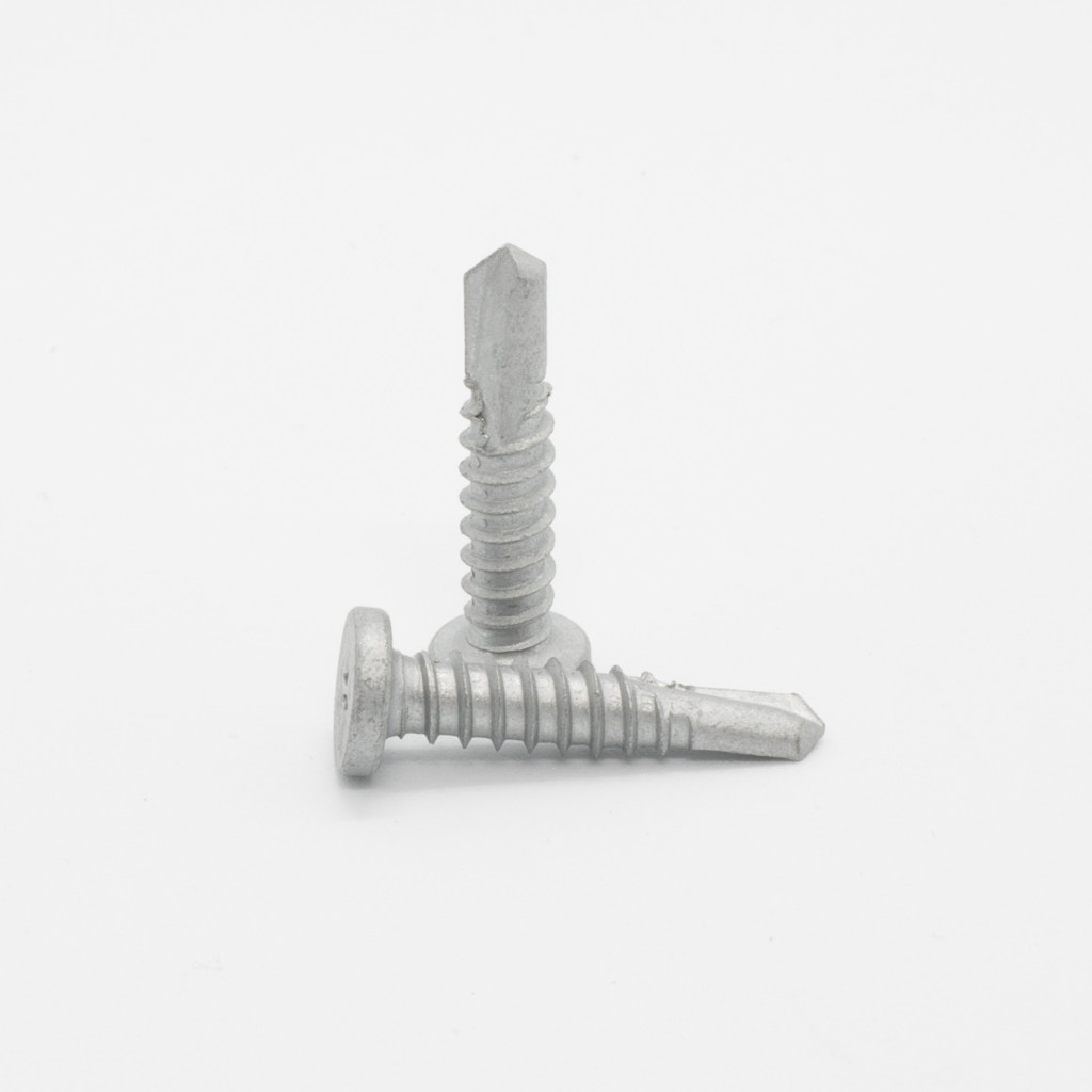 Two silver self-tapping screws are arranged in an L shape on a white background. Both have flat heads and threaded shafts with pointed, drill-like tips.