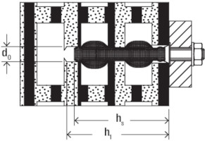 Technical drawing of a cross-section of a mechanical component, showing two ball bearings on a central shaft with labeled dimensions (d_0), (h_1), and (h_s). The assembly includes outer casings and a bolted end.