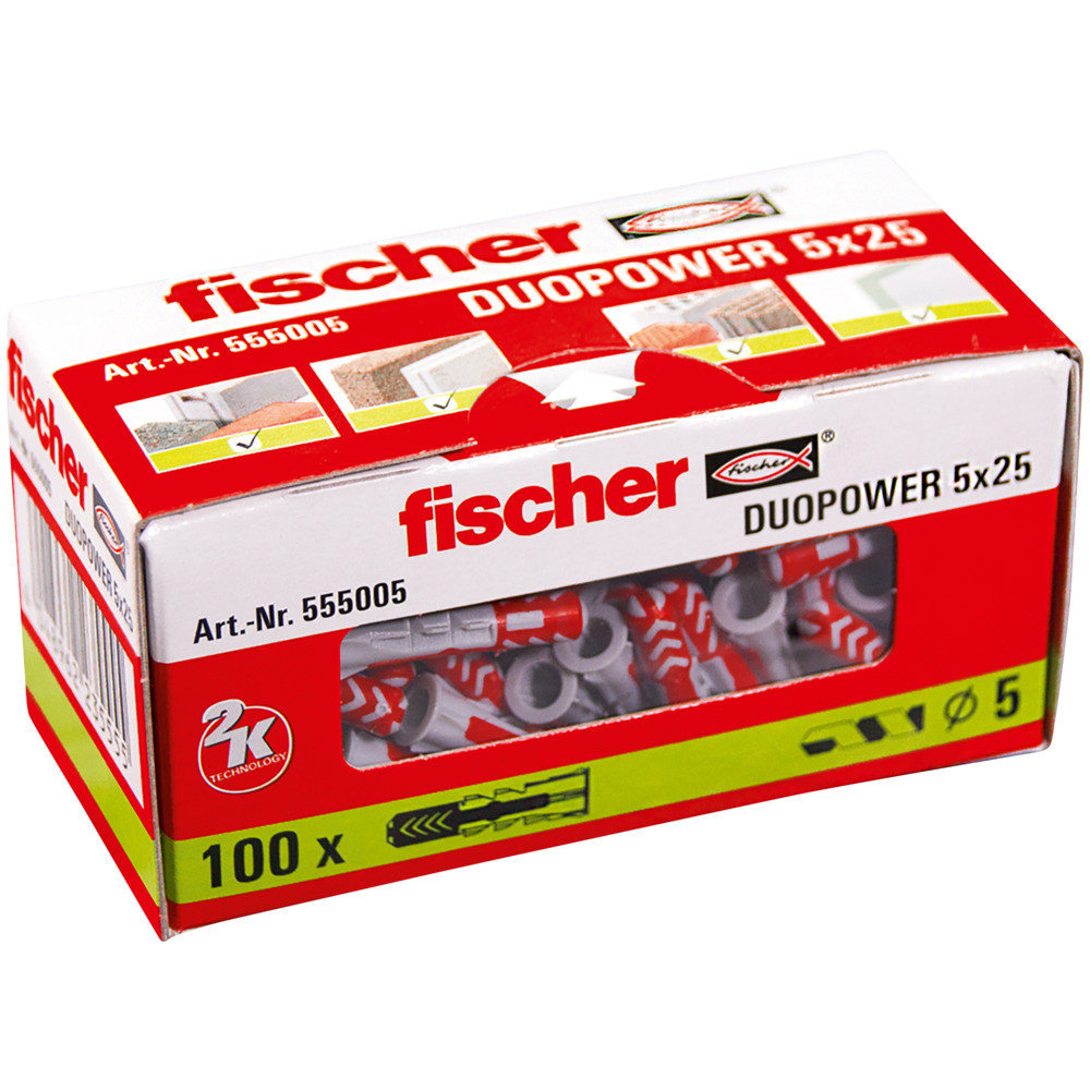 A red and white box labeled fischer DUOPOWER 5x25 contains 100 wall plugs. The packaging displays illustrations and product details, including item number 555005 and icons showing usage instructions.