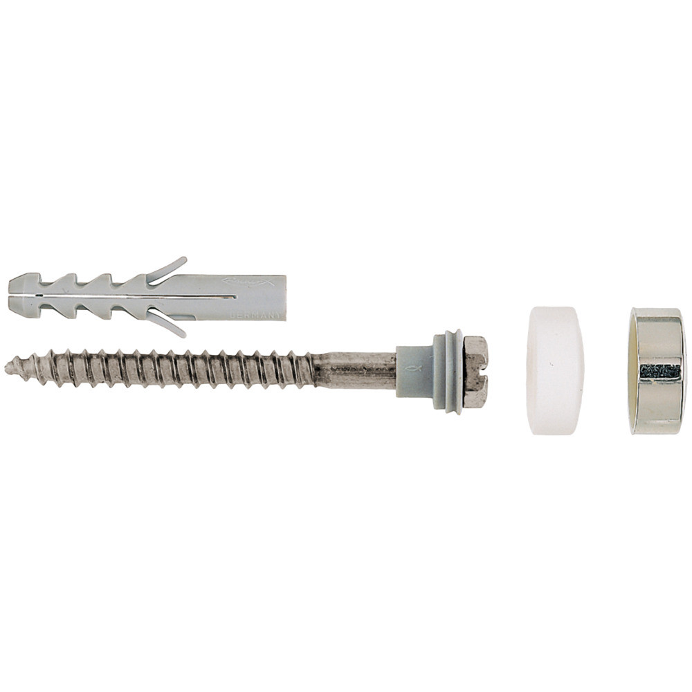A wall plug, a metal screw with washers, a white plastic cap, and a metal ring are arranged in a row against a white background.