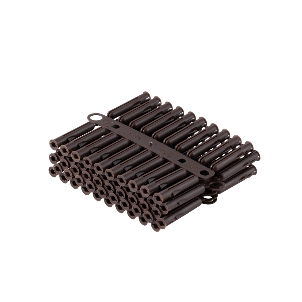 A bundle of small, black cylindrical plastic rods connected by a flat frame, arranged neatly in rows against a white background.