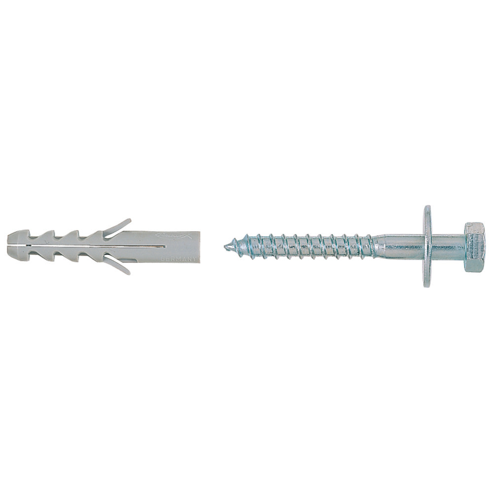 A grey plastic wall plug and a silver metal screw with a hexagonal head and washer, shown side by side on a white background.