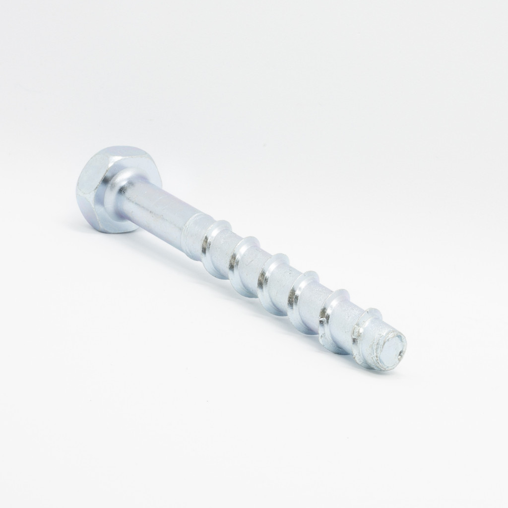 A single metal screw bolt with a hexagonal head and spiral grooves, placed on a white background.