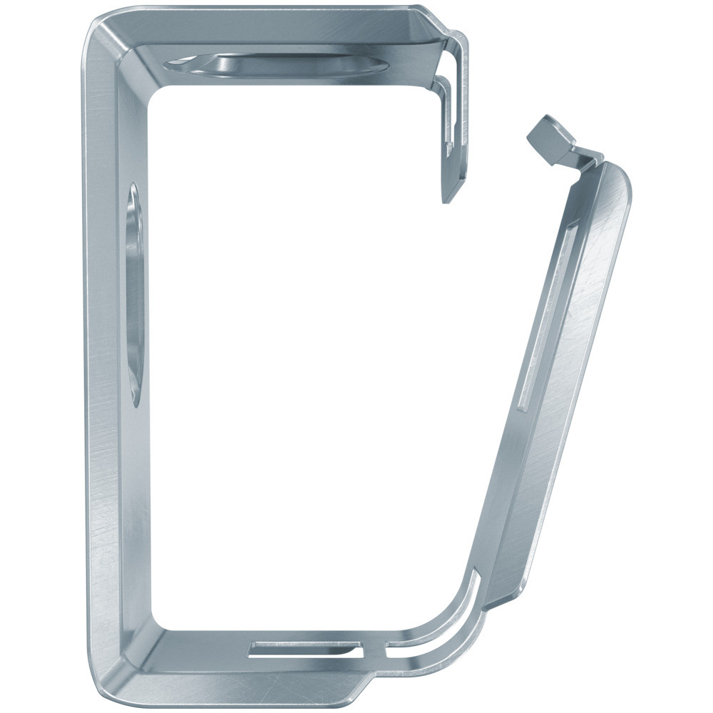 A metallic, rectangular bracket with one hinged side partially open, revealing a smooth, reflective surface and rounded edges. The object appears to be a metal clip or holder, photographed on a white background.