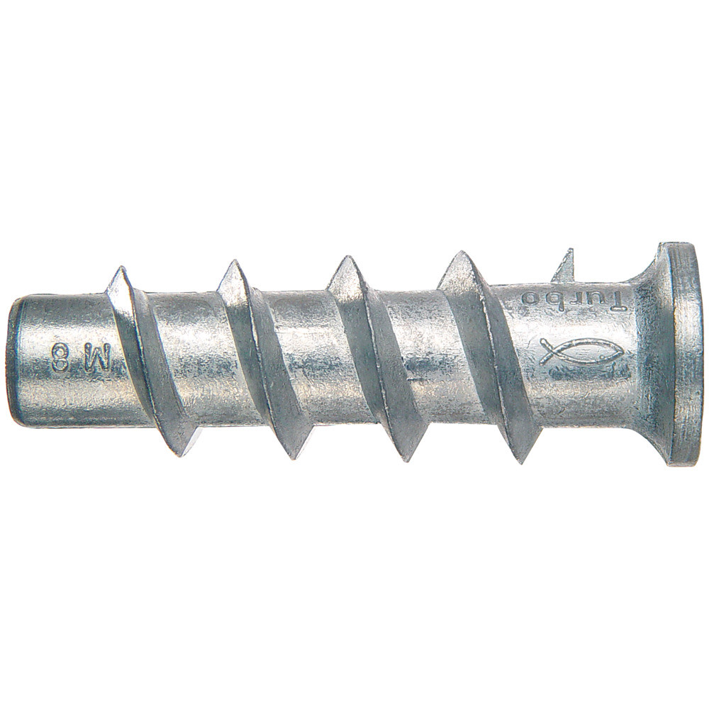 A close-up of a metal wall plug with a spiral thread and markings, used for securing screws in masonry or drywall.