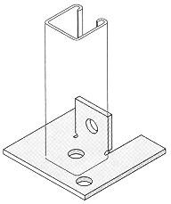 Isometric drawing of a metal bracket with a vertical U-shaped channel and three holes on the flat base plate for mounting or assembly purposes.,