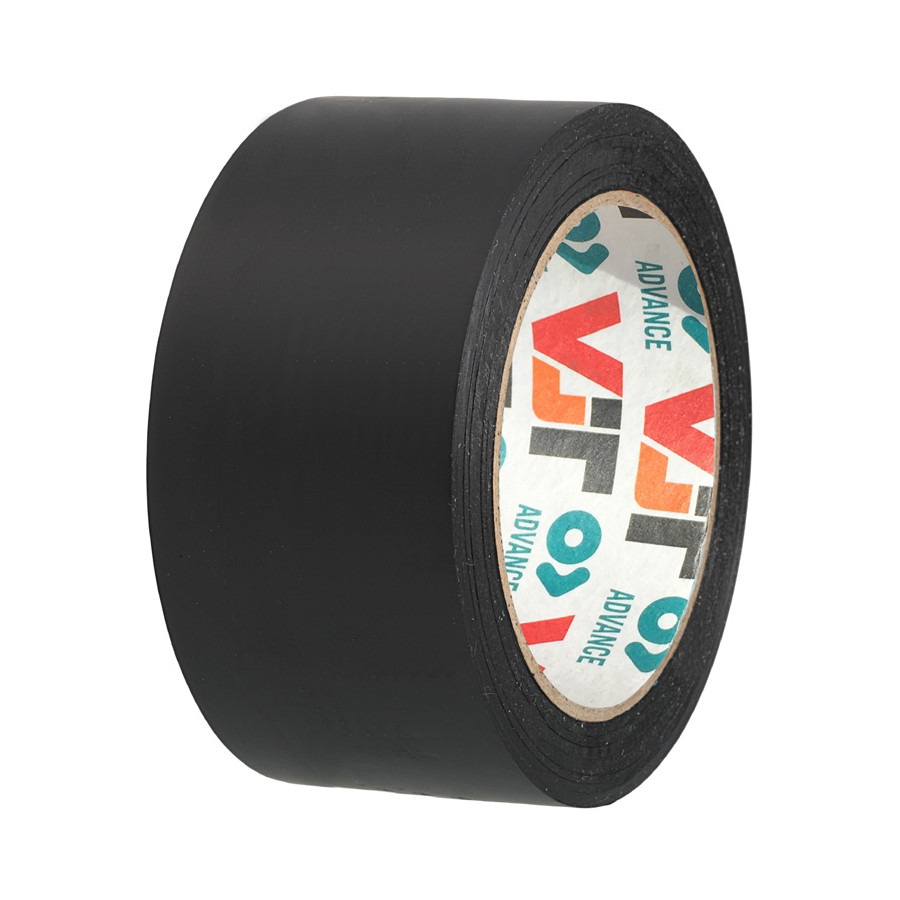 A roll of black adhesive tape with a white inner core featuring colorful text and patterns. The tape is upright on a white background.,