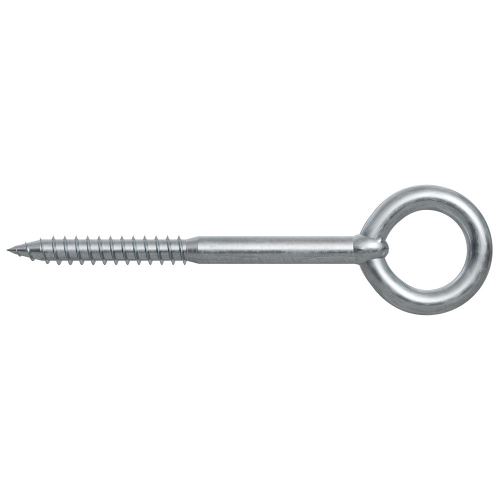 A metal eye bolt screw with a circular closed loop at one end and a pointed, threaded shaft at the other, commonly used for attaching cables or ropes.