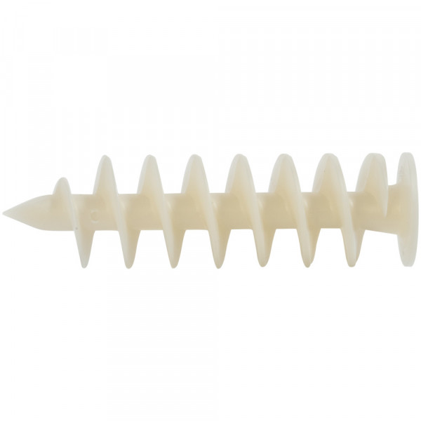 A close-up of a white plastic wall anchor with a pointed tip and a wide spiral thread, shown on a plain white background.