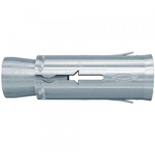 A close-up of a silver metal wall anchor with a split and arrow-shaped cutout in the center, designed for securing screws in drywall or masonry.