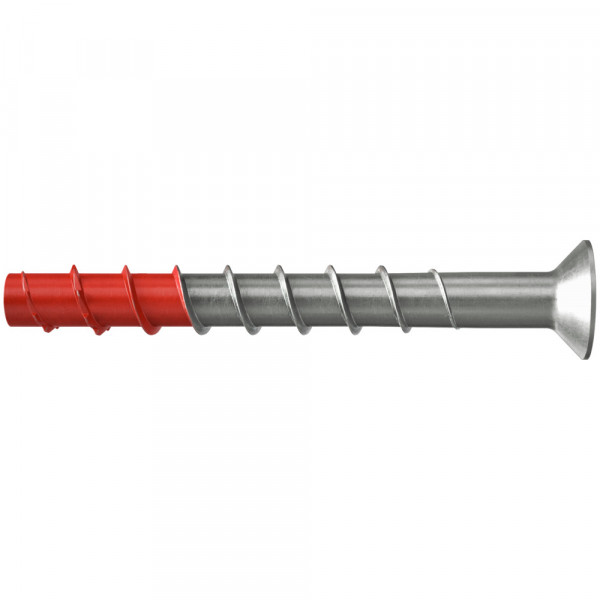A metal screw anchor with a flat countersunk head and a red plastic expansion sleeve on the left end, designed for securing objects to concrete or masonry surfaces.